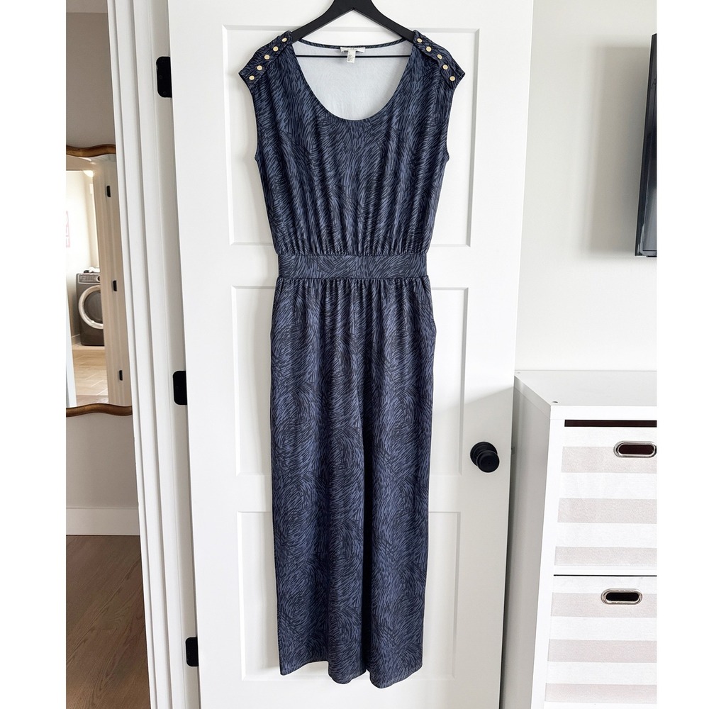 H Halston Womens Blue Abstract Print Sleeveless Jumpsuit Gold Shoulder Buttons S